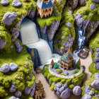 Miniature fantasy landscape with whimsical castle, moss-covered cliffs, waterfalls, and pebble pathway