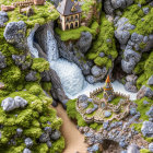 Miniature landscape with green moss, waterfalls, and colorful castles