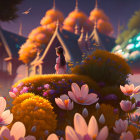 Enchanted garden with blooming flowers, ornate architecture, purple sky, crescent moons,