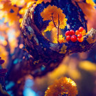 Vibrant autumn leaves on twisted tree branch in warm sunlight