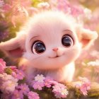 Fluffy small dog with expressive eyes among pink roses and soft-focus background