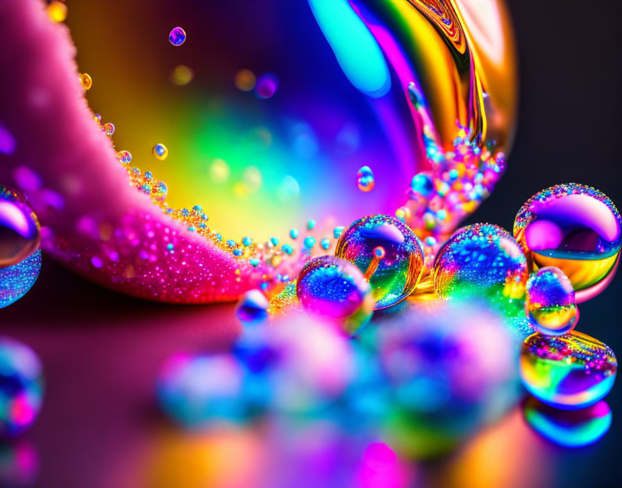 Colorful Water Droplets Reflecting Sparkles on Dark Gradient Background