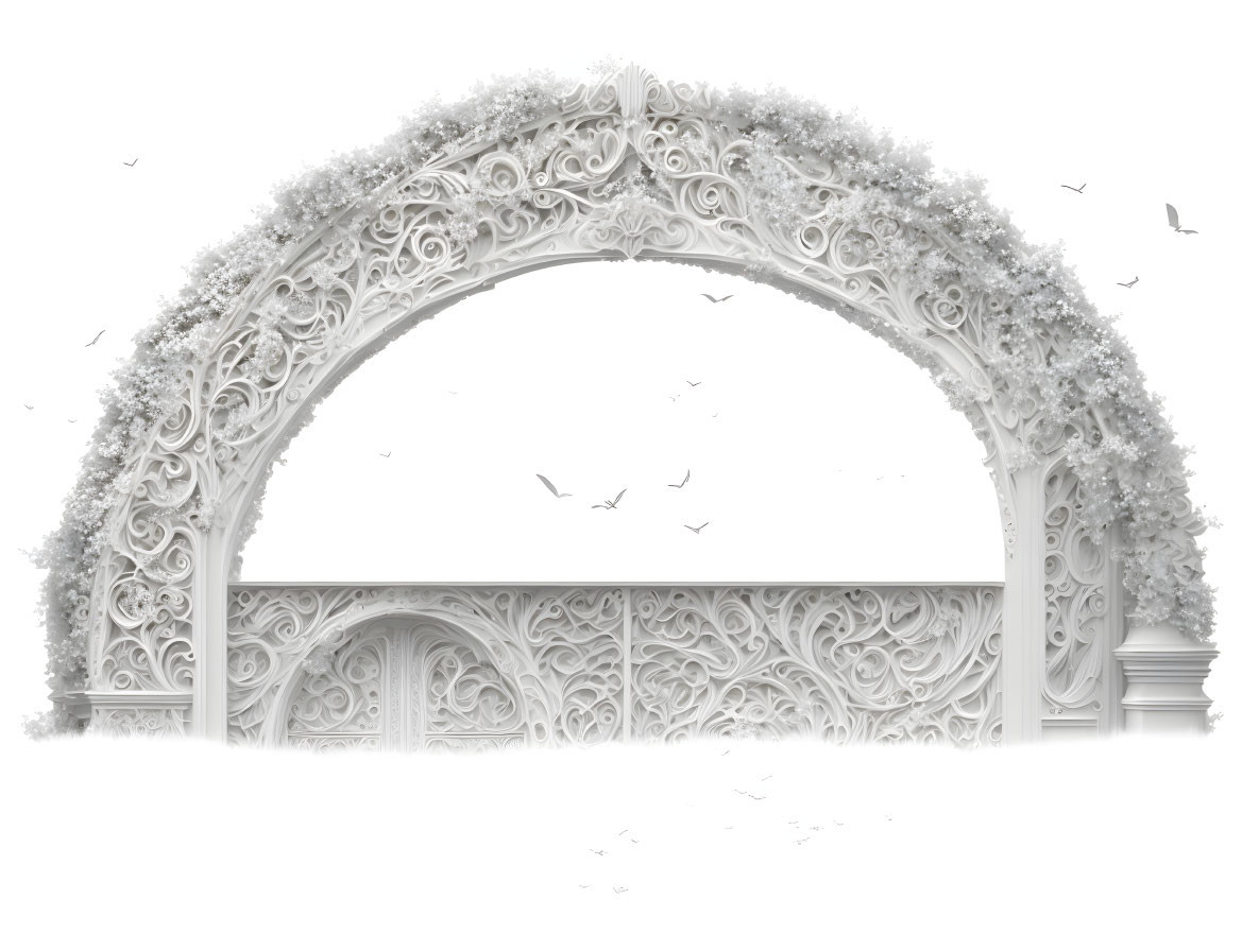 White Floral Arch with Flying Birds on White Background