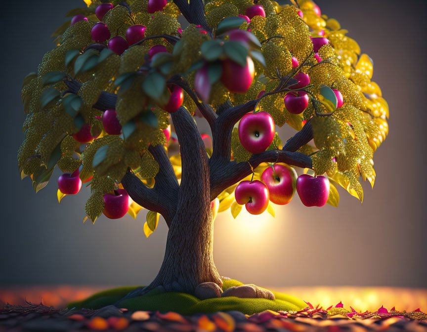 Stylized apple tree with red fruit on textured surface