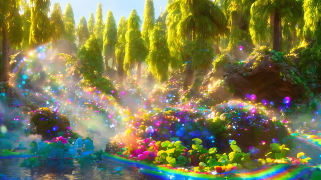 Luminous flora, sparkling river, and lush trees in vibrant landscape