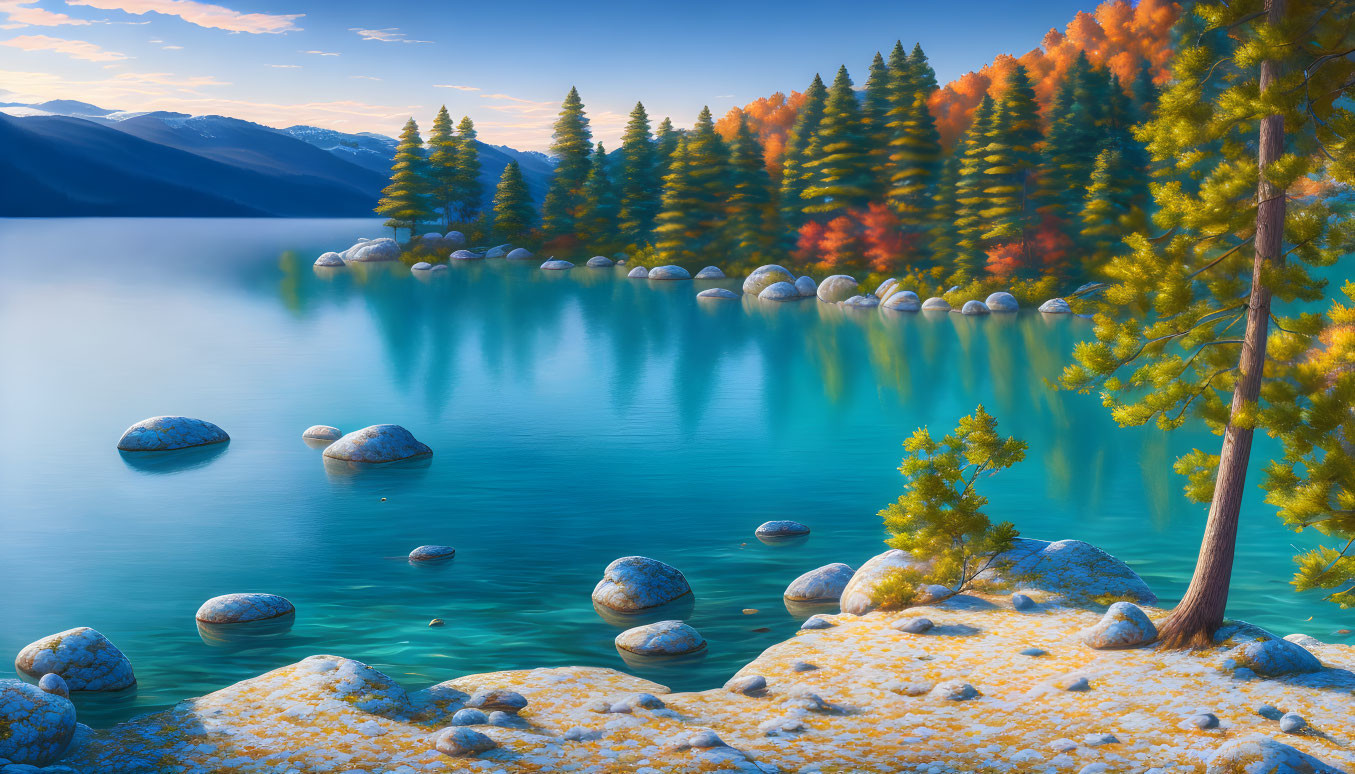 Tranquil mountain lake with snowy shores and autumn trees