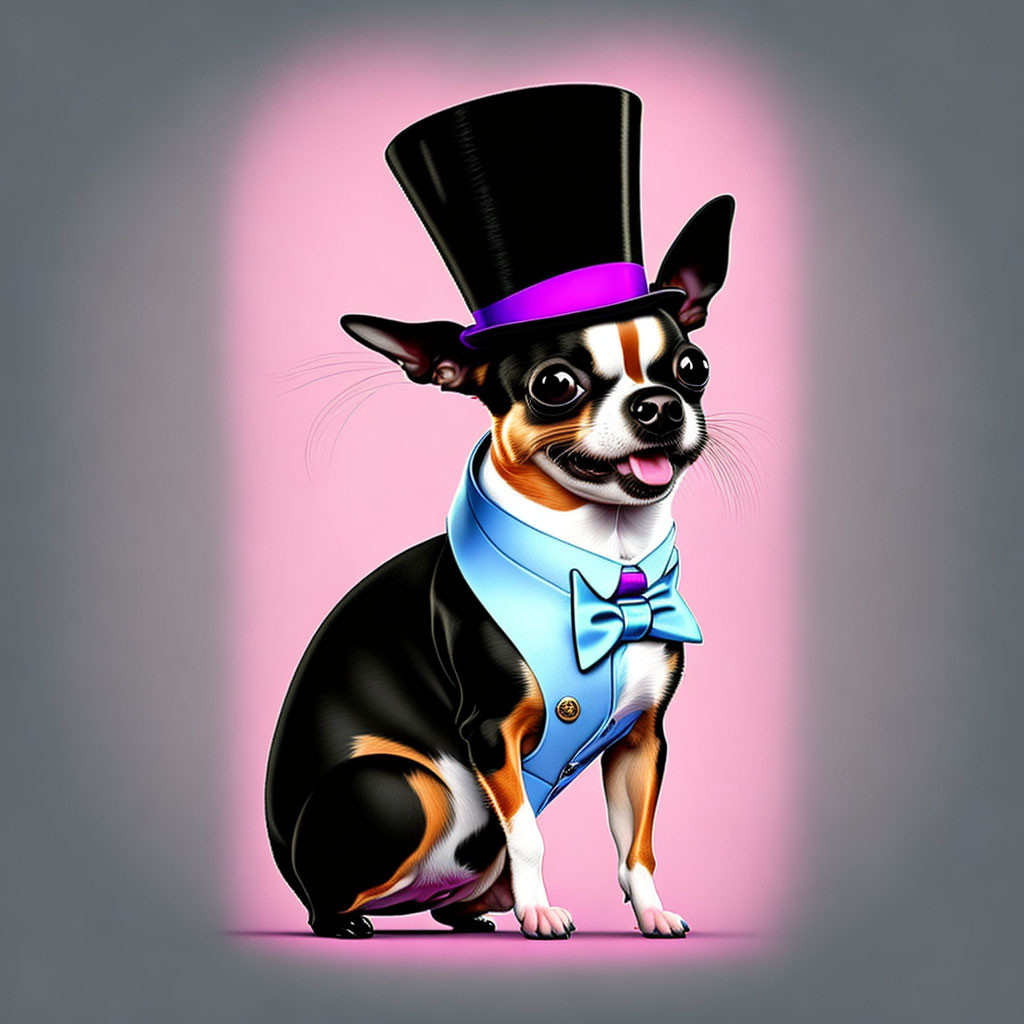 Stylized Chihuahua in Top Hat, Bow Tie, and Band on Pink Background