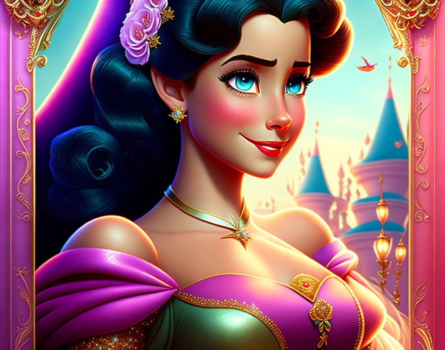 Blue-haired animated princess in pink dress with castle, birds, and lanterns.