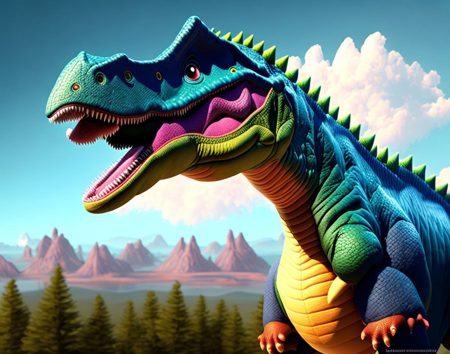 Colorful Cartoon Dinosaur Smiling in Mountain Landscape