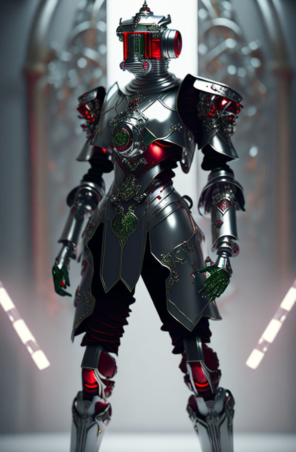 Sleek robotic knight with red and green circuitry in cathedral-like setting