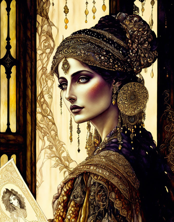 Illustrated woman with elaborate headdress and jewelry against stained glass backdrop