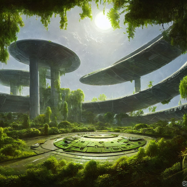 Futuristic green landscape with towering structures and circular platform