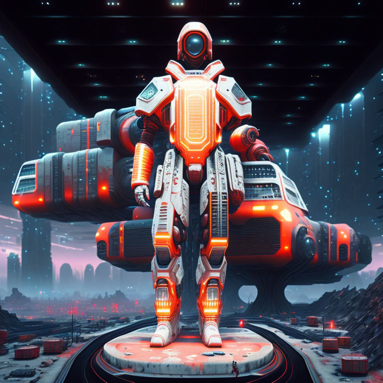 Futuristic astronaut in white and orange armor on launchpad with spaceship under starry sky