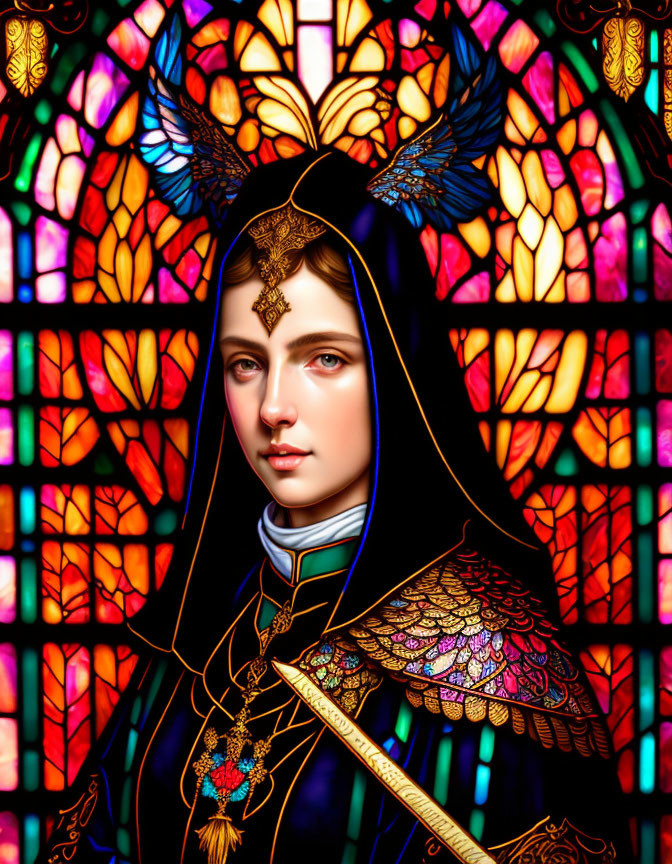 Stylized portrait of woman with decorative headdress against vibrant stained glass backdrop