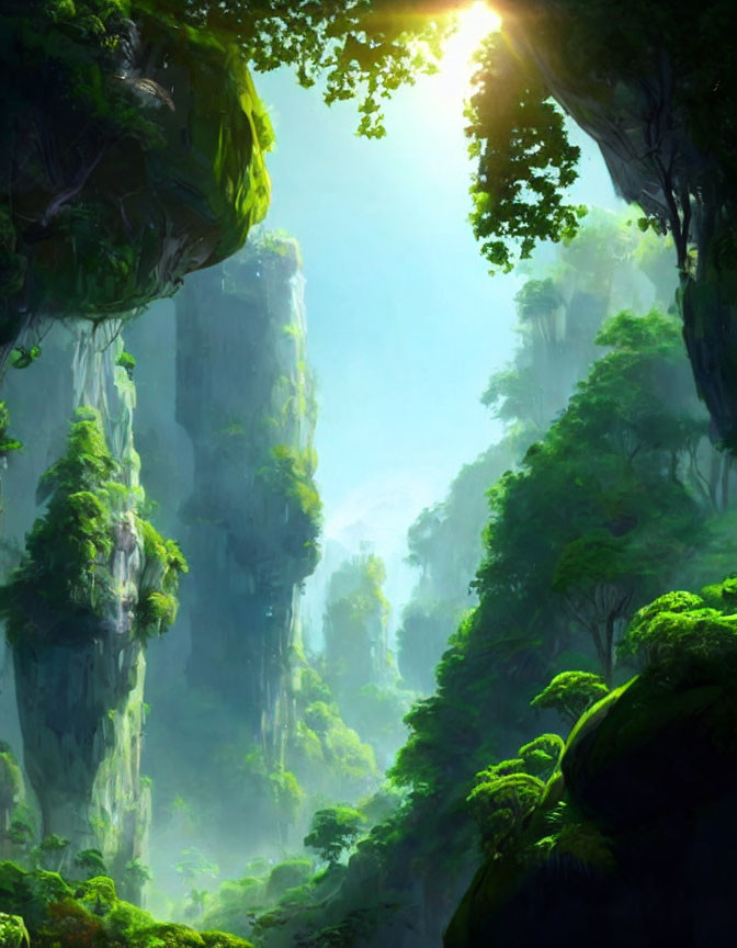 Majestic forest scenery: towering cliffs, lush greenery, sunlight, and mist.