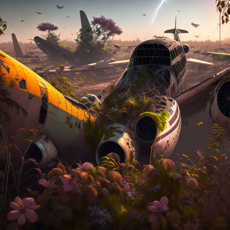 Derelict planes in post-apocalyptic landscape with flying crafts under amber sky