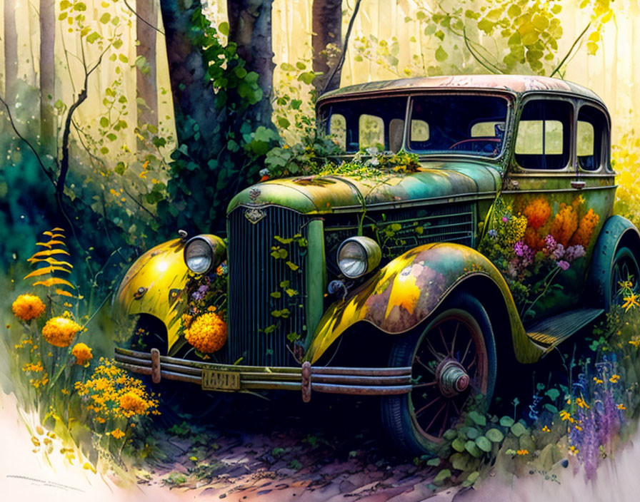 Abandoned vintage car covered in vines and flowers in sunlit wooded area