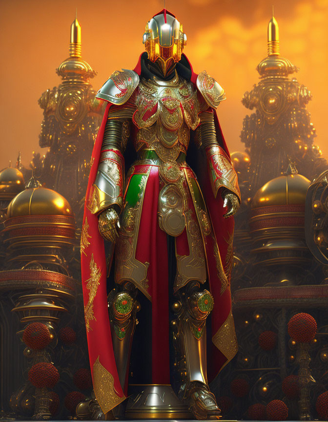 Regal figure in gold-trimmed armor against spires under amber sky