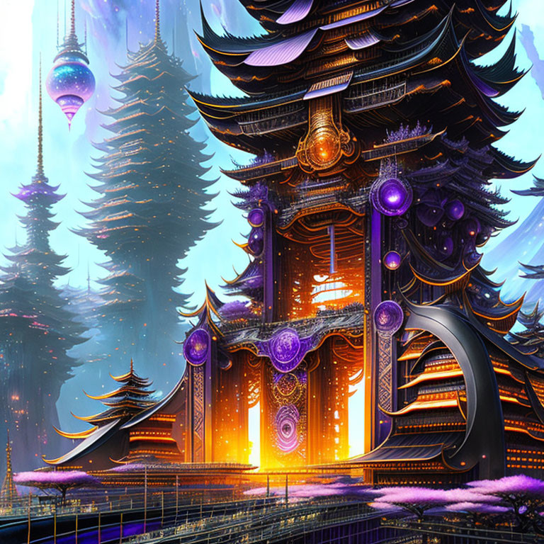 Fantasy temple with glowing orbs in magical landscape