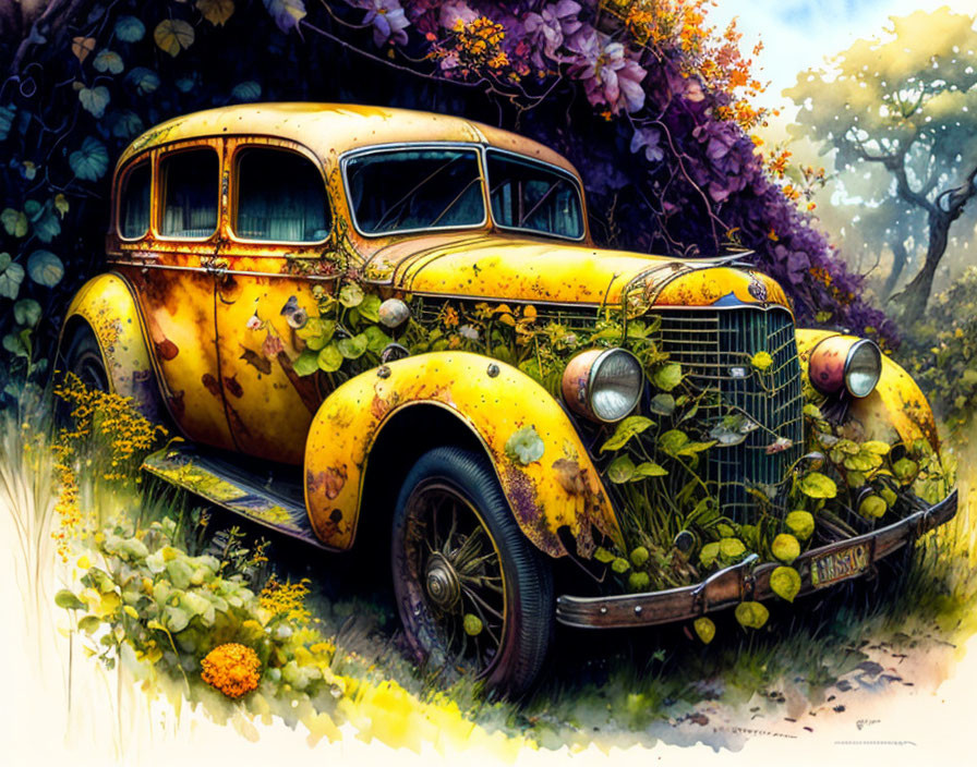 Vintage Yellow Car Covered in Plants in Flower-Filled Forest