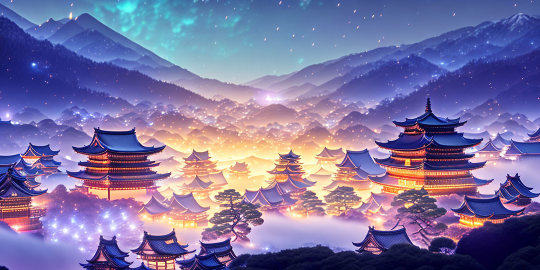 Traditional Asian Pagodas in Twilight Forest Setting with Starry Sky