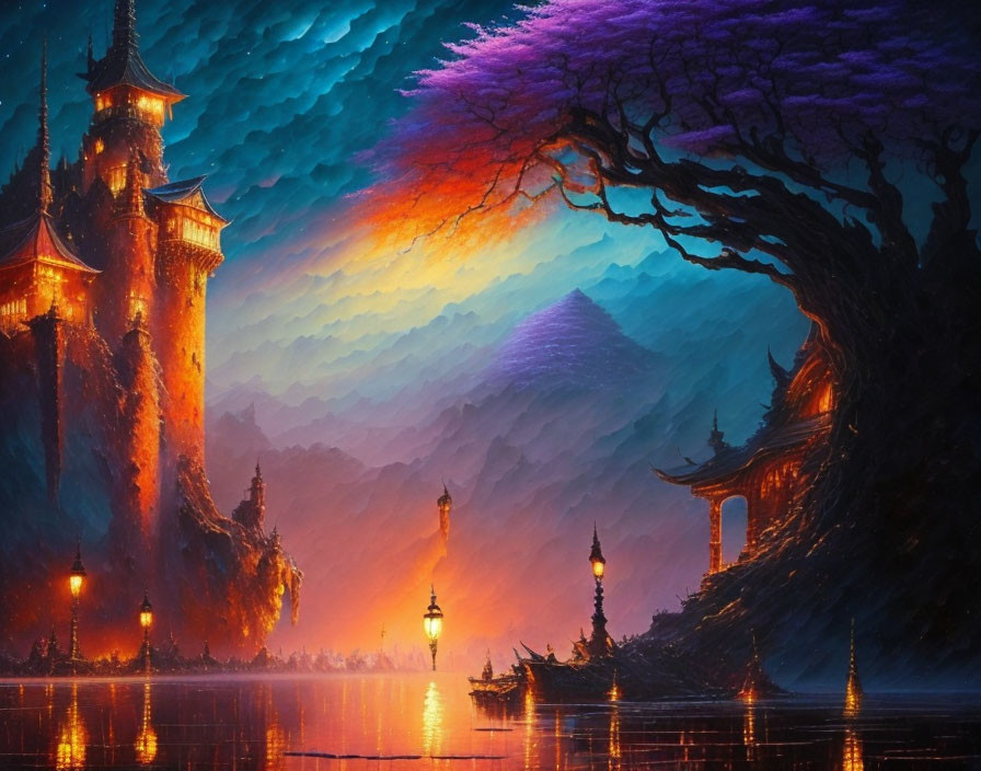 Colorful Fantasy Landscape with Traditional Buildings, Reflective Waterway, Boat, Lanterns, and Large