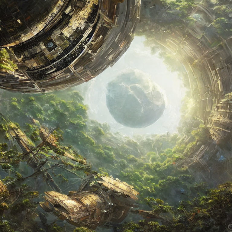 Overgrown forest surrounds floating spaceship with celestial view