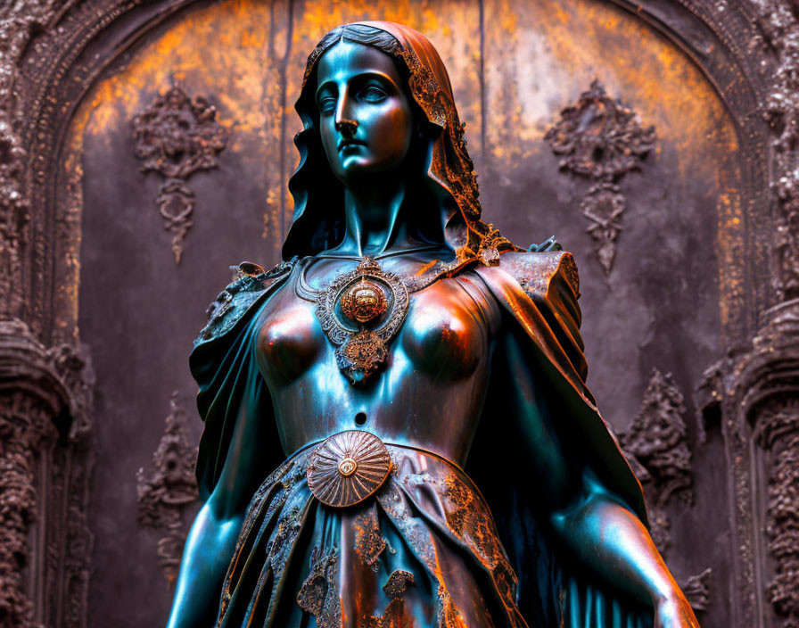 Intricately detailed bronze statue of woman in robe against ornate door