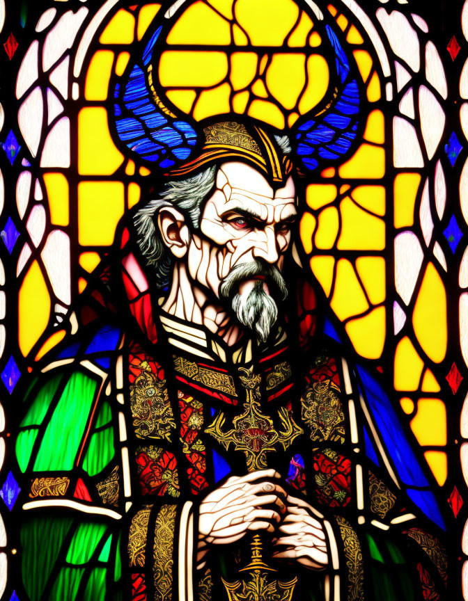 Colorful Stained Glass Style Illustration of a Bearded Man in Crown and Regal Attire