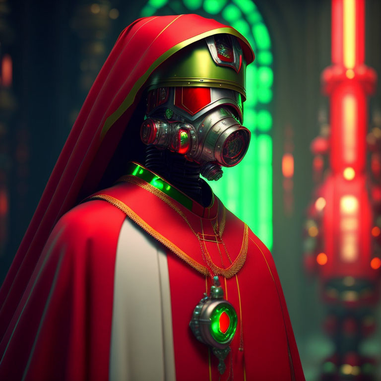 Person in Red Cloak with Futuristic Helmet and Neon Lights