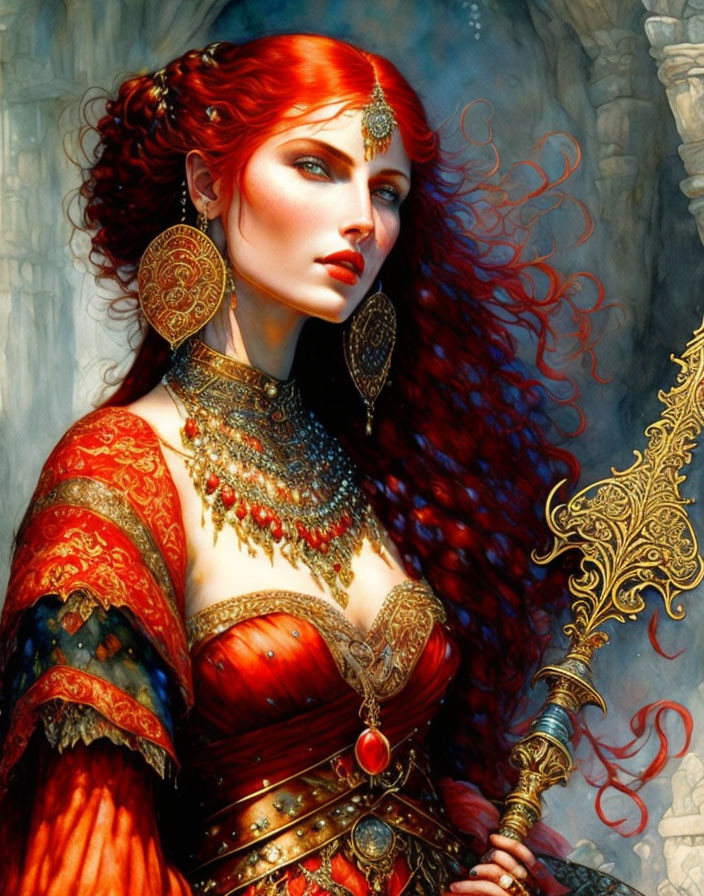 Red-haired woman in ornate red and gold attire with golden staff