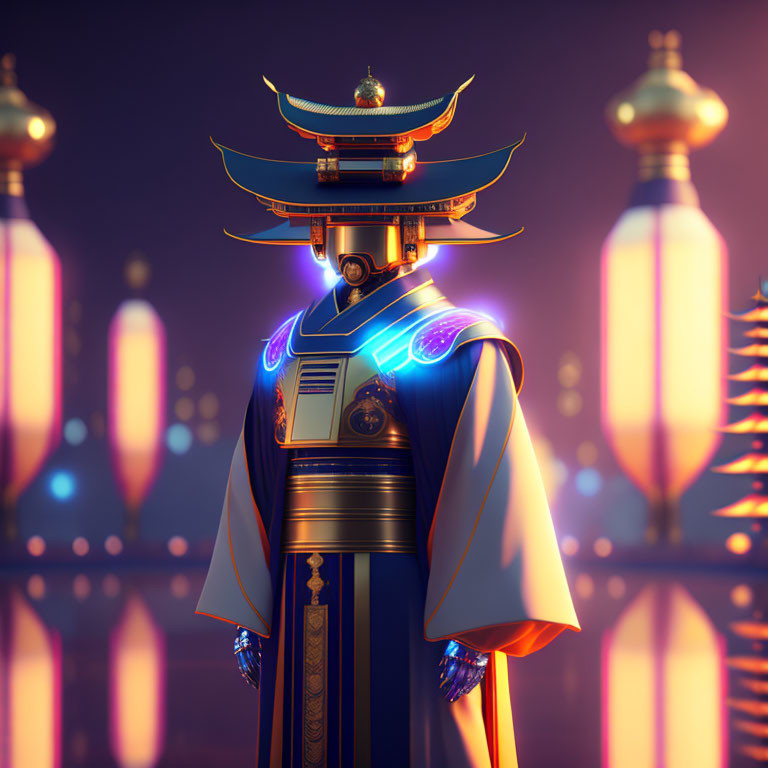 Futuristic robotic figure in Asian-inspired attire against neon-lit backdrop