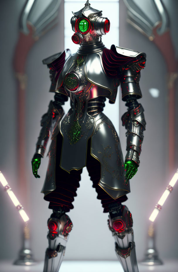 Futuristic armored robot with intricate designs and green lights in illuminated hall