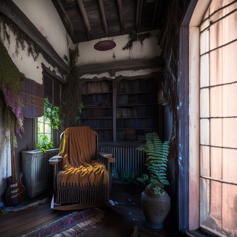 Rustic reading nook with chair, blanket, bookshelves, guitar, plants, and