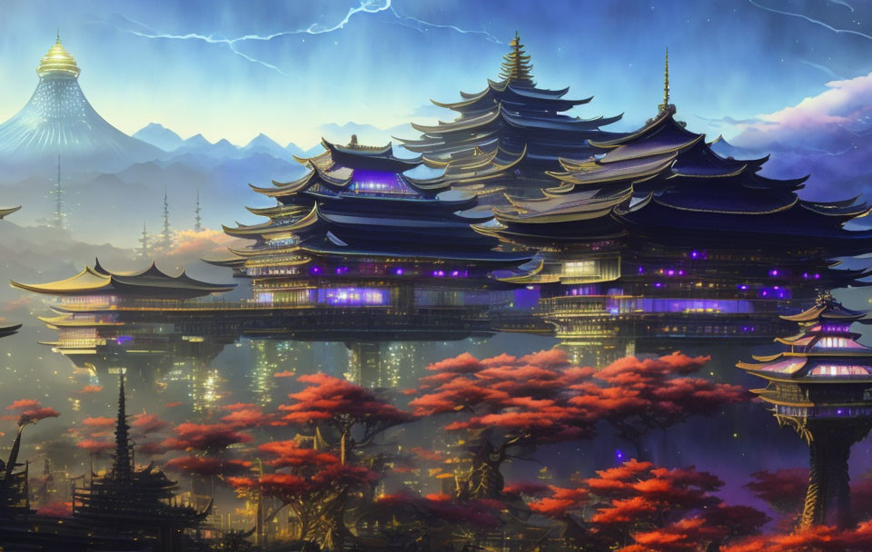 Fantasy painting: Traditional Asian palace in red foliage under a dusk sky