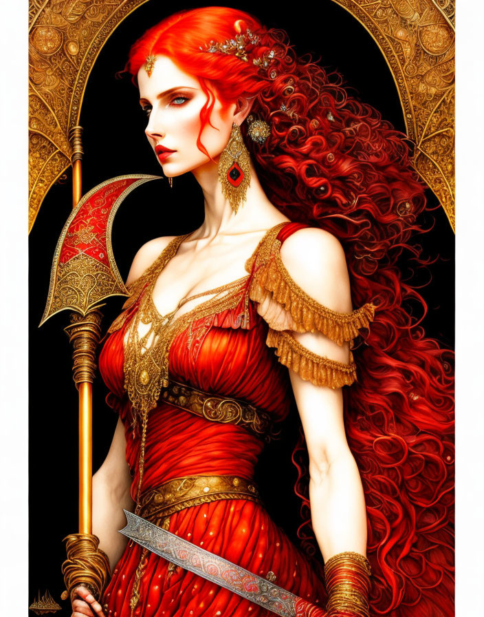 Red-haired woman in ornate red-and-gold attire wields decorative axe in fantasy warrior digital artwork