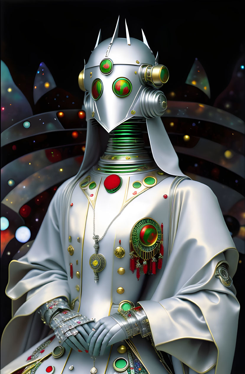 Figure in ornate white robe with futuristic helmet against cosmic backdrop