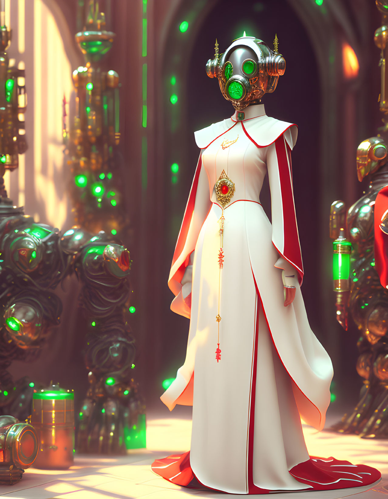 Regal Robot in White and Red Robe Among Intricate Machinery