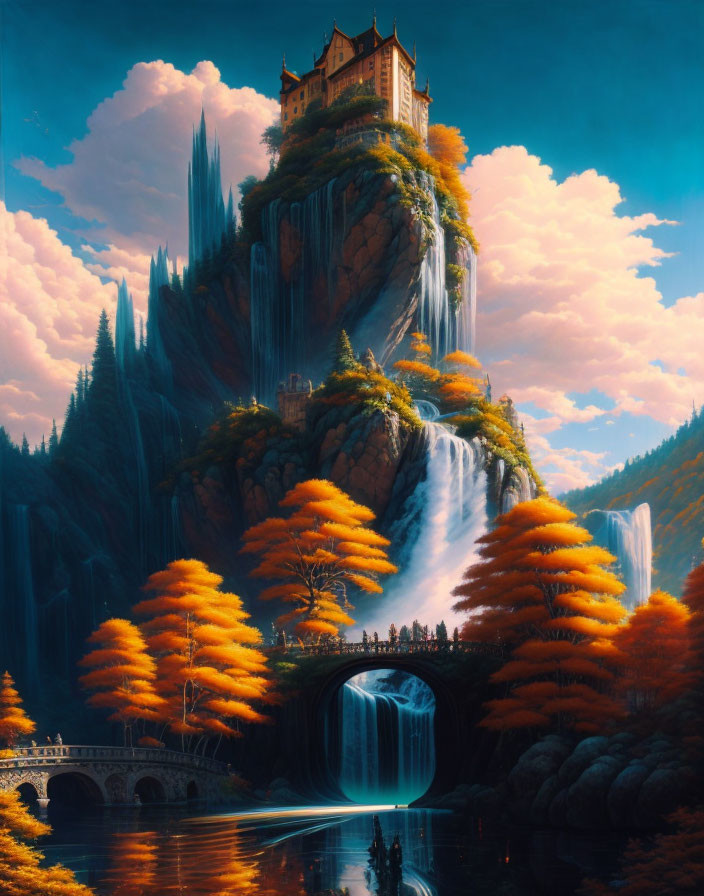 Fantastical landscape with imposing castle on autumnal waterfall cliff