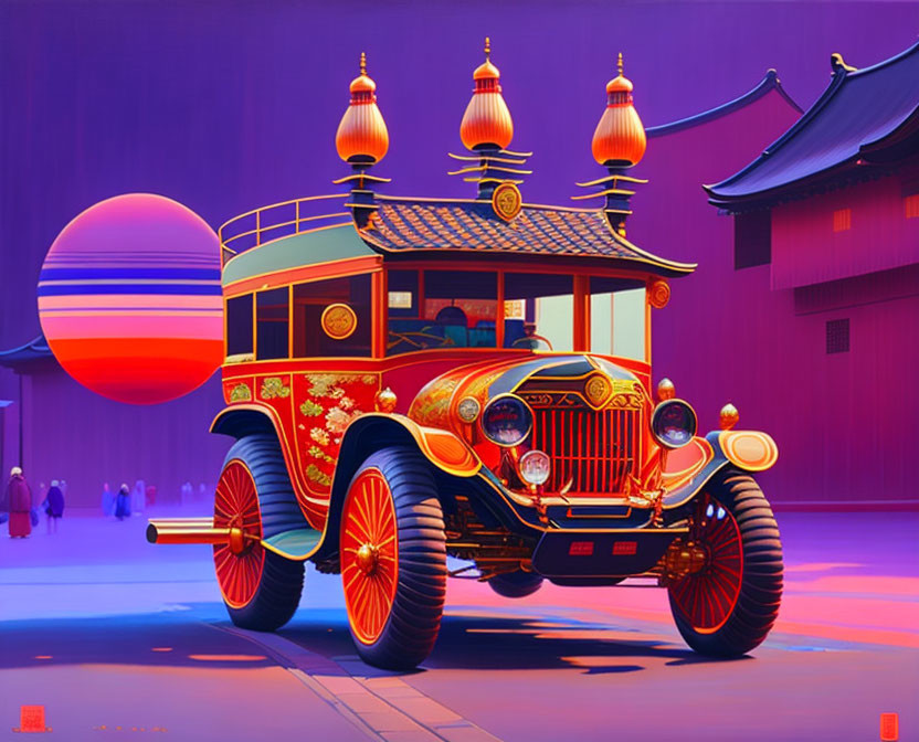 Vintage Car with Asian-Inspired Designs Near Traditional Building at Sunset