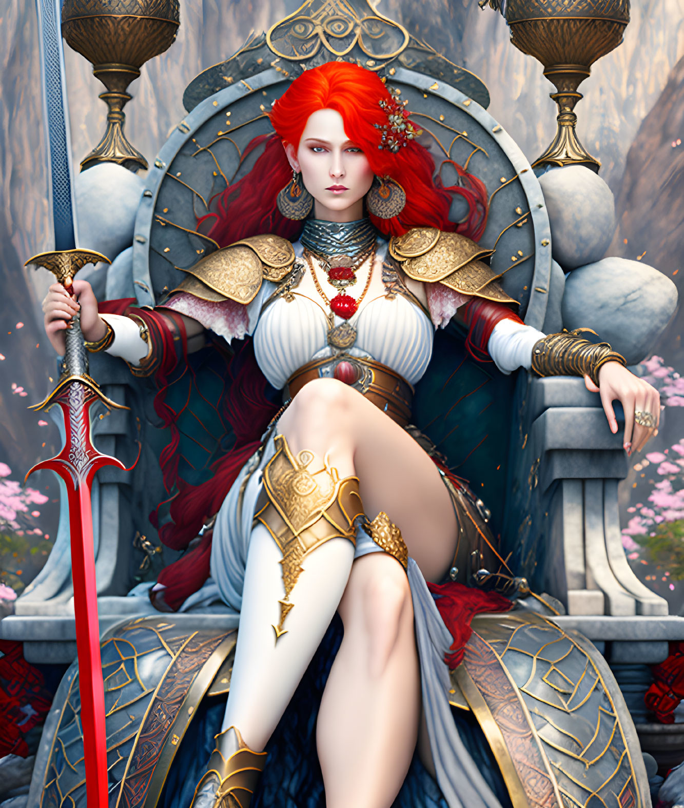 Fiery Red-Haired Figure in Golden Armor on Throne with Staff in Rocky Terrain