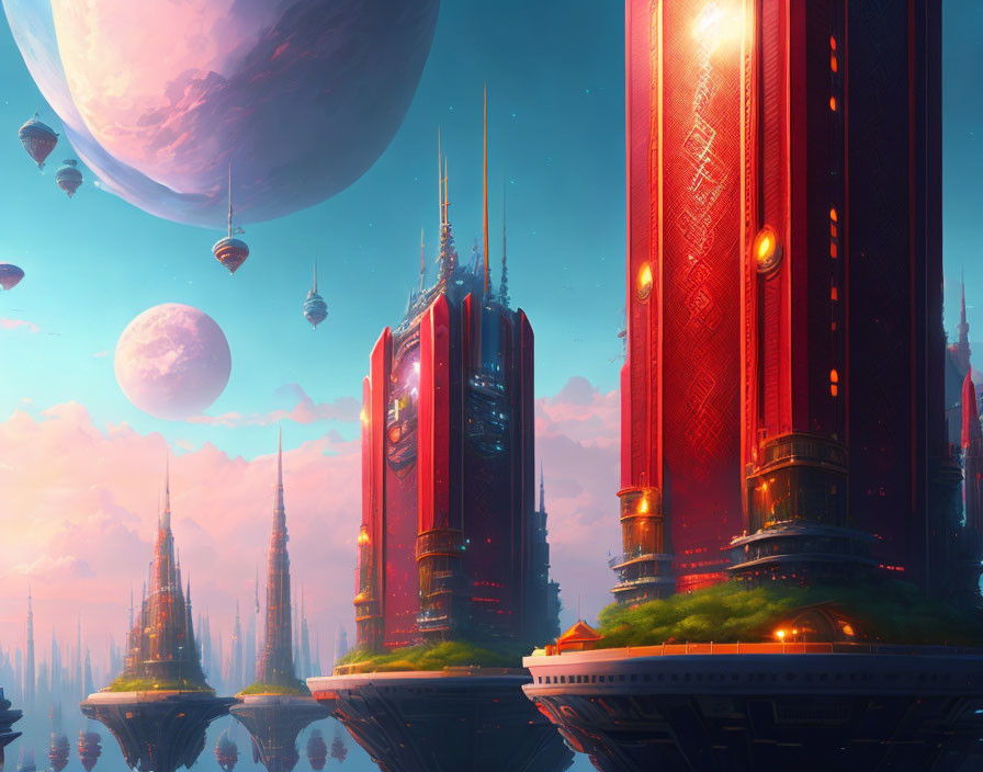 Futuristic cityscape with red skyscrapers and floating structures