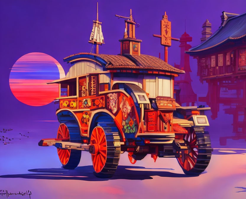 Colorful stylized illustration of ornate Asian-inspired wagon against purple sky and setting sun.