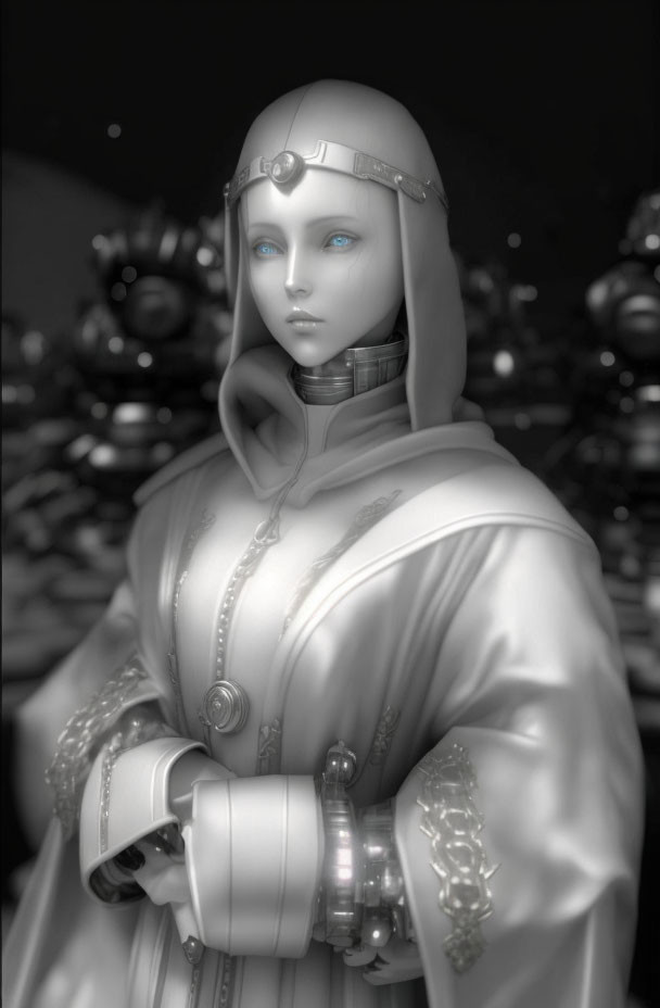 Monochromatic futuristic female figure in detailed robotic suit and headpiece against spherical background