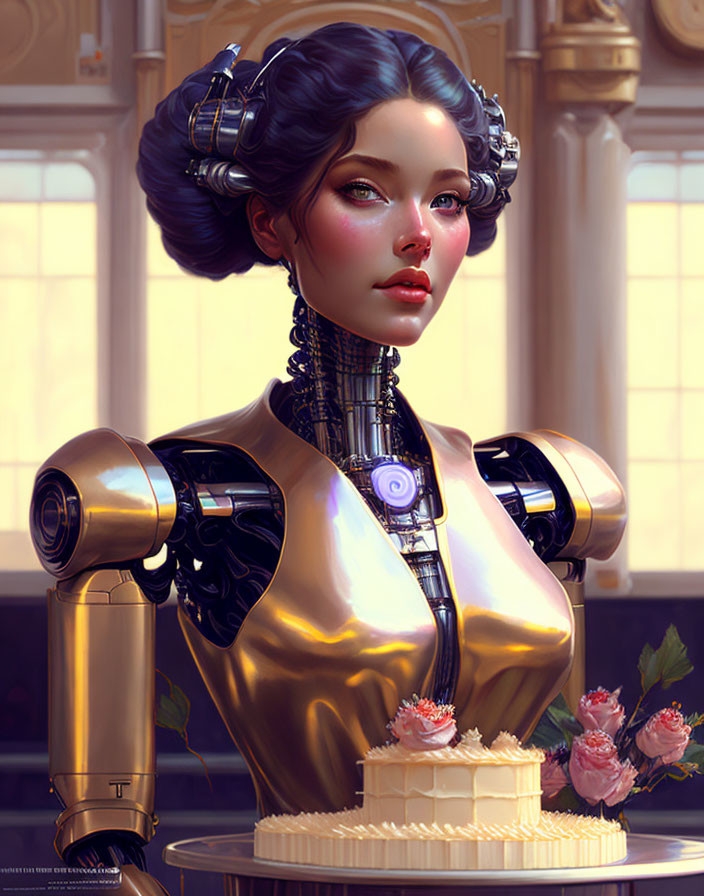 Female Android Portrait with Intricate Hair Design and Exposed Mechanical Neck