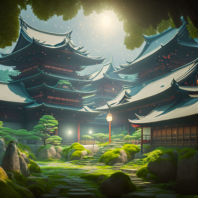 Japanese temples in green landscape with lantern under sunlight