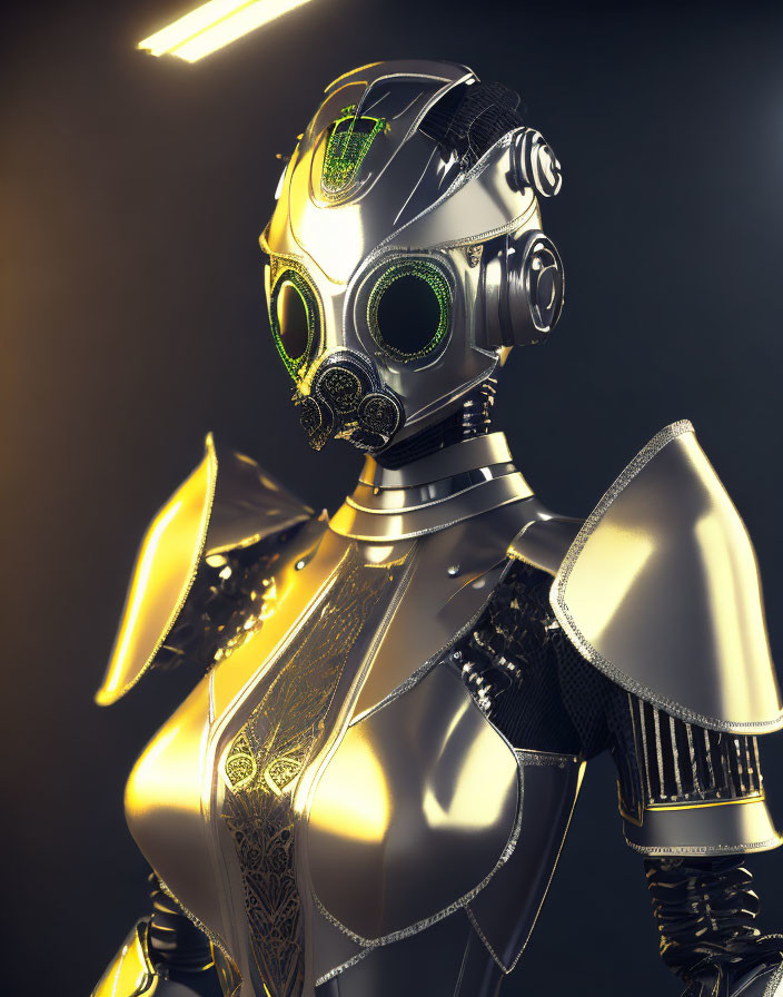 Intricate gold-patterned humanoid robot with glowing green eyes on dark background