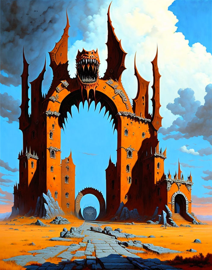 Orange Castle with Tall Towers and Arches Against Blue Sky