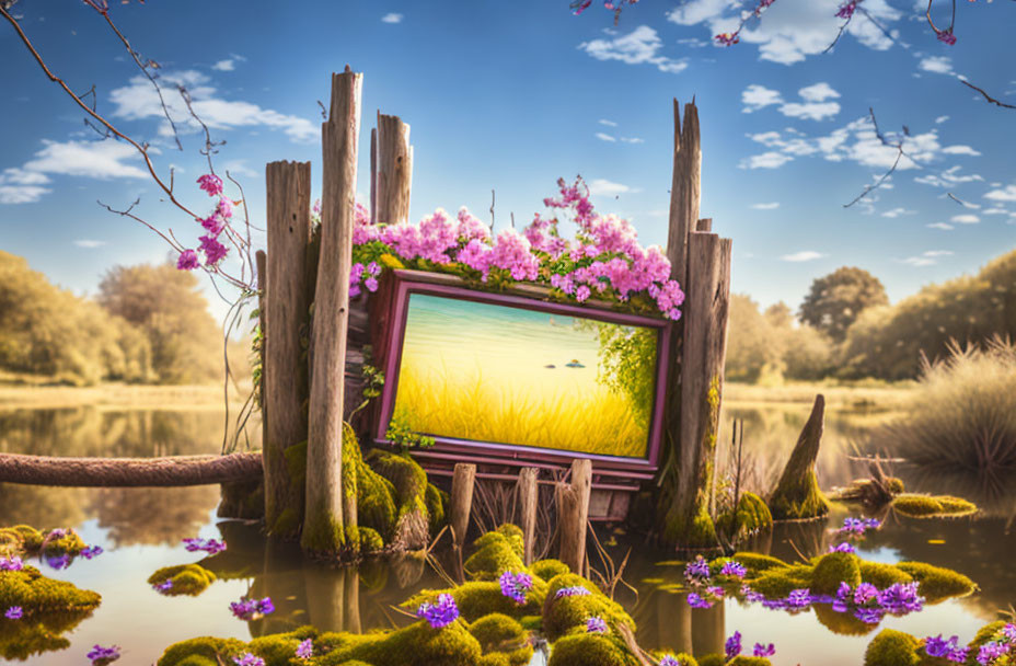 Surreal wooden frame over pond with vibrant meadow and pink flowers