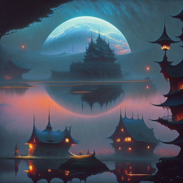 Tranquil Asian-style pagodas in serene fantasy landscape